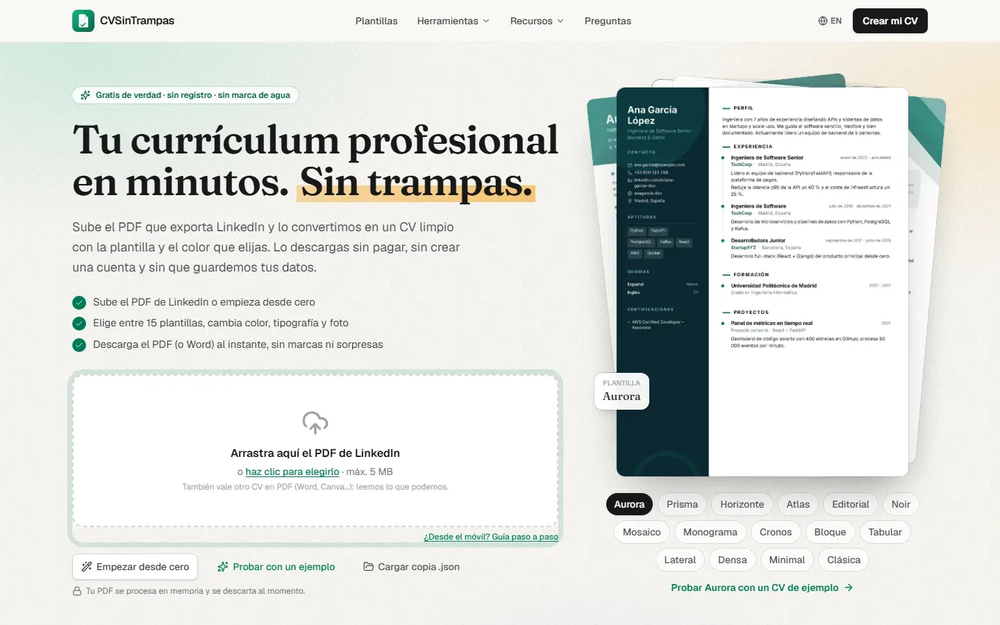 Primera pantalla de cvsintrampas.com en un ordenador