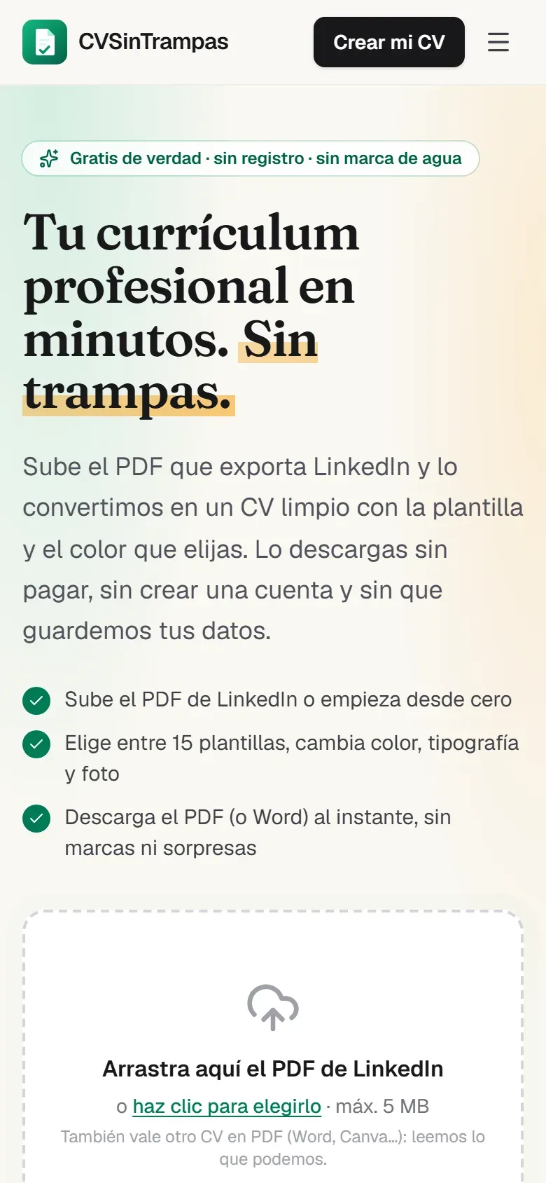 Primera pantalla de cvsintrampas.com en un móvil